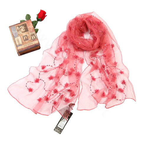 High end fashion long flower mulberry silk scarf shawl women soft thin wrap scarves - Watermelon red