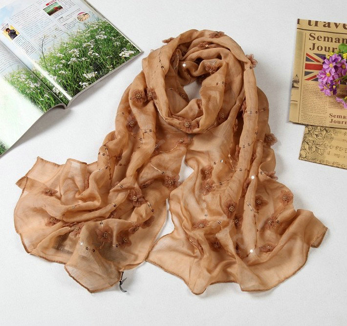 High end fashion long flower mulberry silk scarf shawl women soft wrap scarves - Khaki