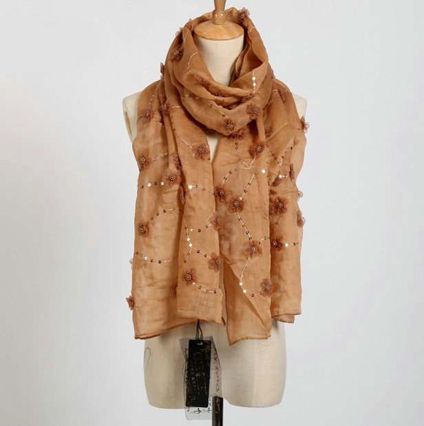 High end fashion long flower mulberry silk scarf shawl women soft wrap scarves - Khaki