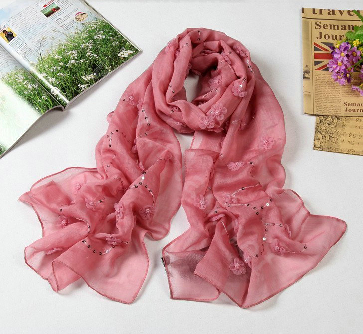 High end fashion long flower mulberry silk scarf shawl women soft wrap scarves - Pink