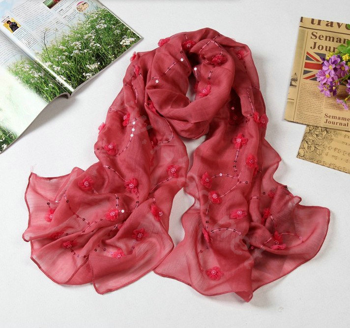 High end fashion long flower mulberry silk scarf shawl women soft wrap scarves - Red