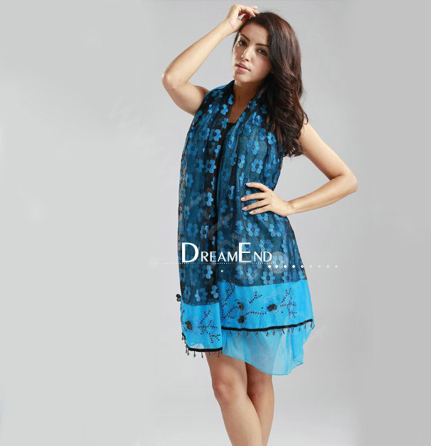 High-end fashion long flower scarf shawl women warm lace chiffon wrap scarves - Blue