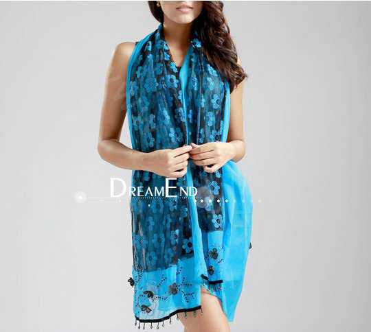 High-end fashion long flower scarf shawl women warm lace chiffon wrap scarves - Blue