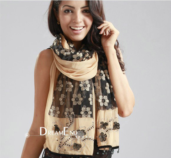 High-end fashion long flower scarf shawl women warm lace chiffon wrap scarves - Khaki
