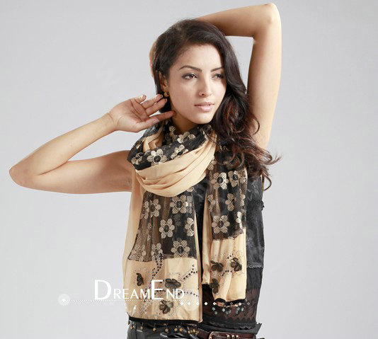 High-end fashion long flower scarf shawl women warm lace chiffon wrap scarves - Khaki