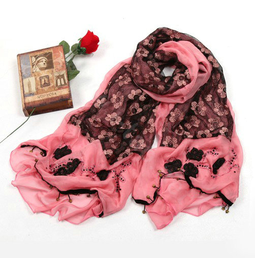 High-end fashion long flower scarf shawl women warm lace chiffon wrap scarves - Red