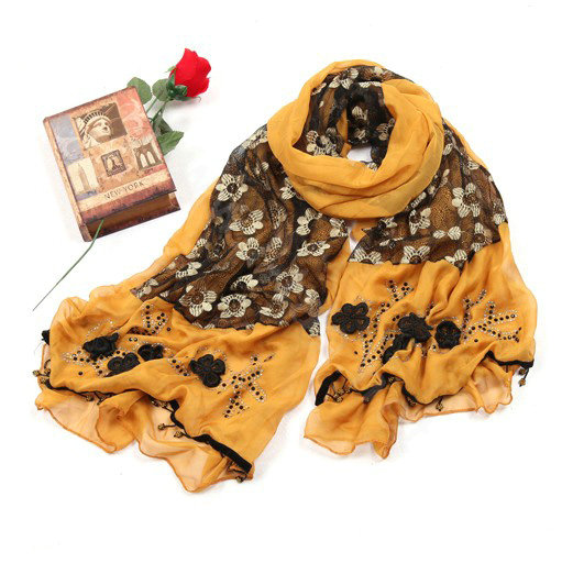 High-end fashion long flower scarf shawl women warm lace chiffon wrap scarves - Yellow