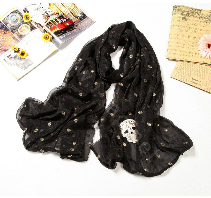 High end fashion long silk skull scarf shawl women warm wrap scarves - Black