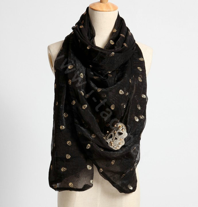 High end fashion long silk skull scarf shawl women warm wrap scarves - Black