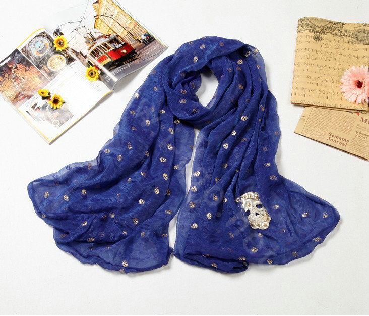 High end fashion long silk skull scarf shawl women warm wrap scarves - Blue