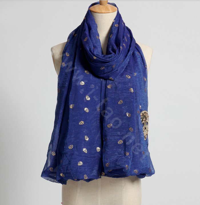 High end fashion long silk skull scarf shawl women warm wrap scarves - Blue