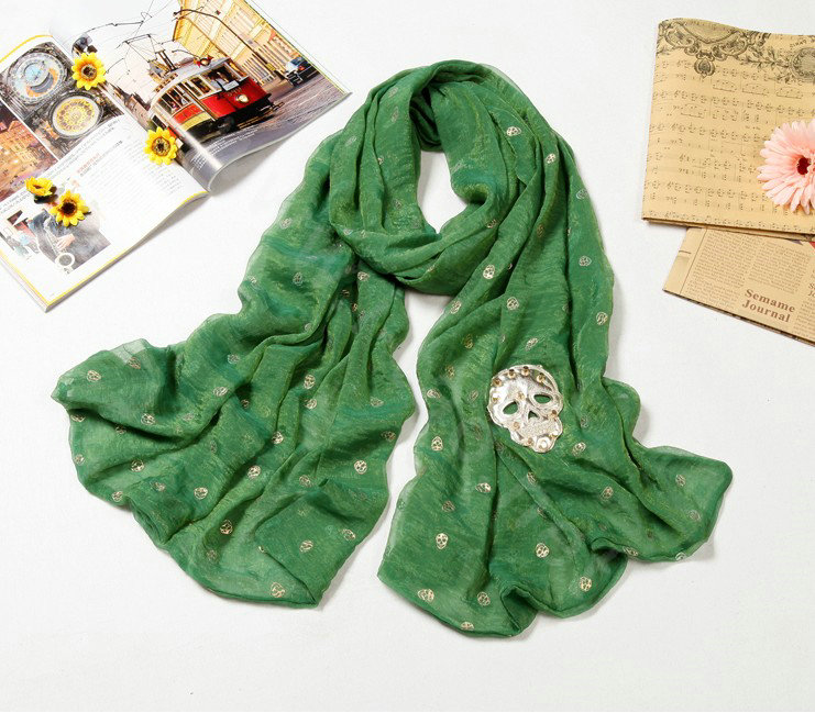 High end fashion long silk skull scarf shawl women warm wrap scarves - Green