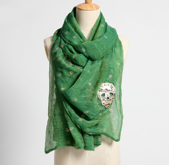 High end fashion long silk skull scarf shawl women warm wrap scarves - Green