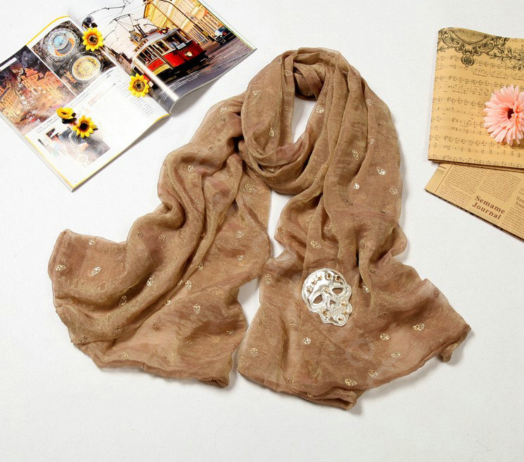 High end fashion long silk skull scarf shawl women warm wrap scarves - Khaki
