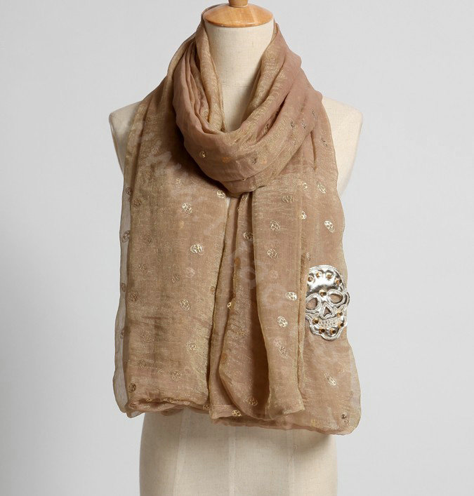 High end fashion long silk skull scarf shawl women warm wrap scarves - Khaki