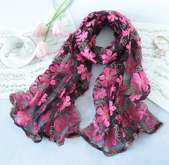 High end fashion sequin embroidery flower lace silk scarf shawl women wrap scarves - Black rose