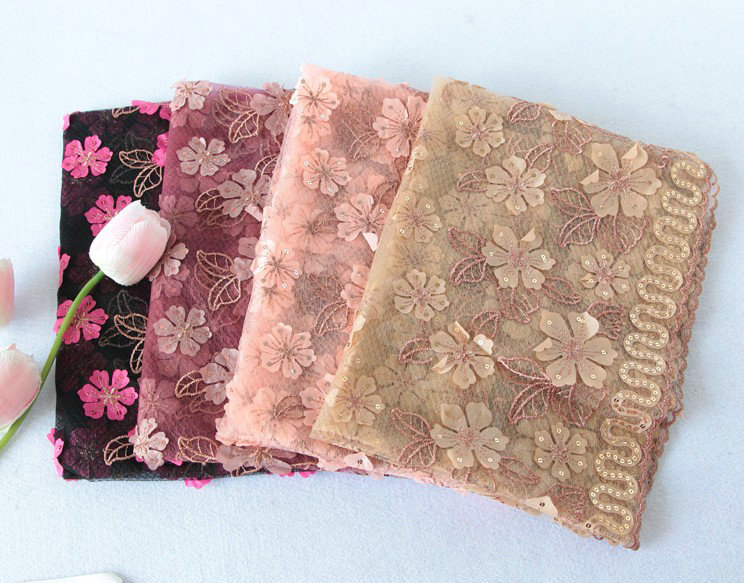 High end fashion sequin embroidery flower lace silk scarf shawl women wrap scarves - Black rose