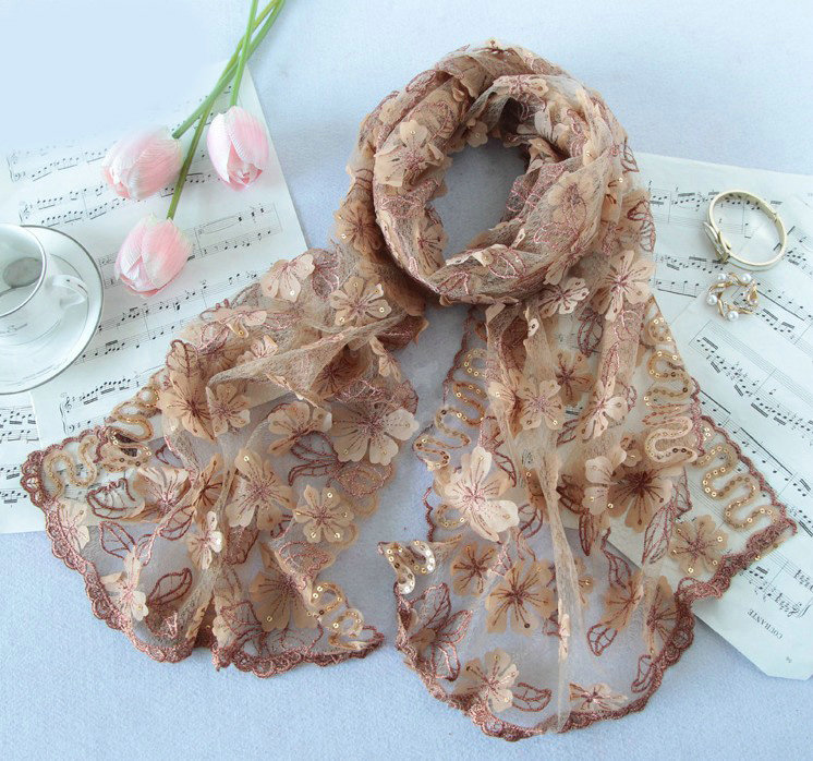 High end fashion sequin embroidery flower lace silk scarf shawl women wrap scarves - Khaki