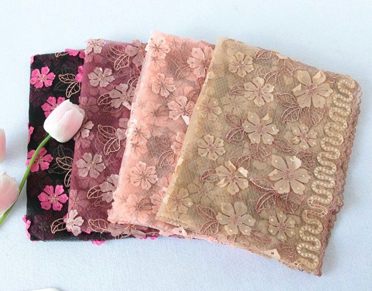 High end fashion sequin embroidery flower lace silk scarf shawl women wrap scarves - Khaki