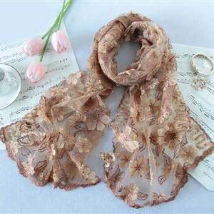 High end fashion sequin embroidery flower lace silk scarf shawl women wrap scarves - Khaki