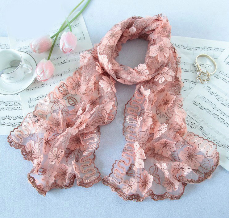 High end fashion sequin embroidery flower lace silk scarf shawl women wrap scarves - Pink
