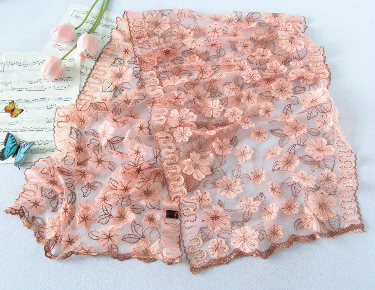 High end fashion sequin embroidery flower lace silk scarf shawl women wrap scarves - Pink