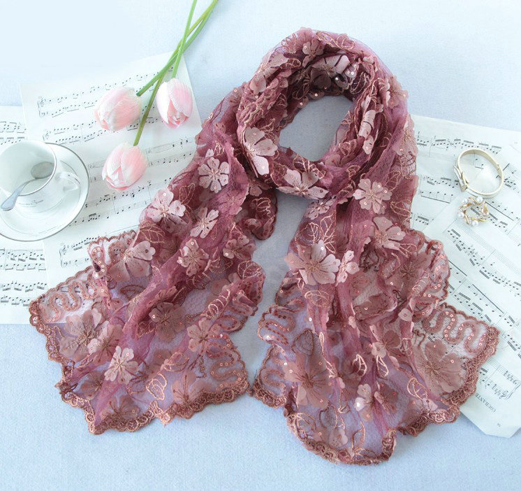 High end fashion sequin embroidery flower lace silk scarf shawl women wrap scarves - Purple