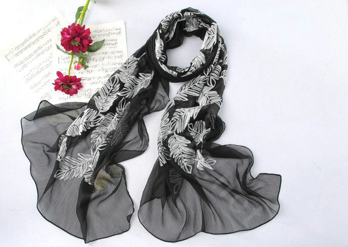 High-end fashion women 100% mulberry silk long embroidery scarf shawl wrap - Balck