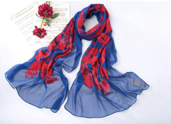 High-end fashion women 100% mulberry silk long embroidery scarf shawl wrap - Blue