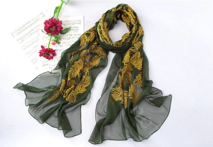 High-end fashion women 100% mulberry silk long embroidery scarf shawl wrap - Green