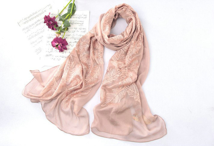 High-end fashion women 100% mulberry silk long embroidery scarf shawl wrap - Khaki