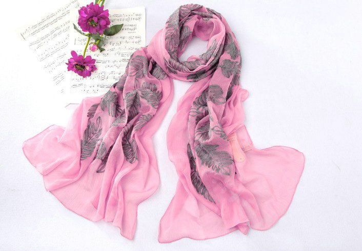 High-end fashion women 100% mulberry silk long embroidery scarf shawl wrap - Pink