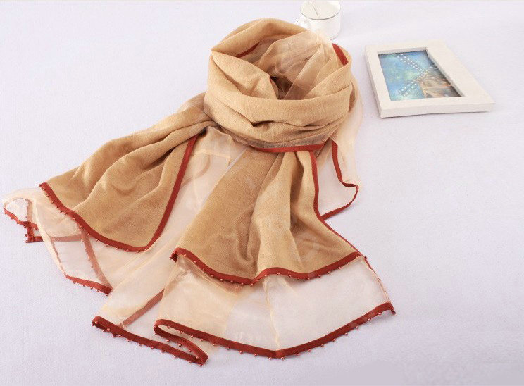 High-end fashion women 100%silk long soft two layer warm scarf shawl wrap - Beige