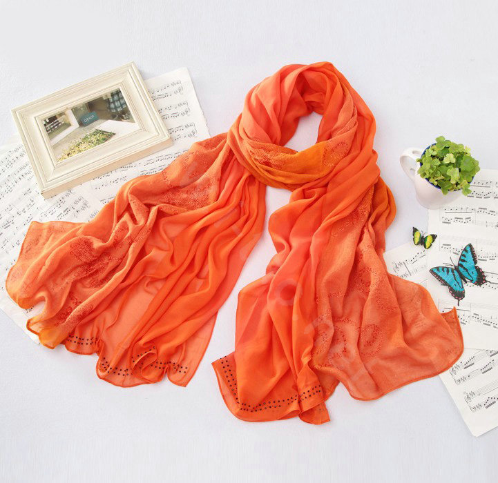 High-end fashion women big long embroidery chiffon silk scarf shawl wrap - Orange