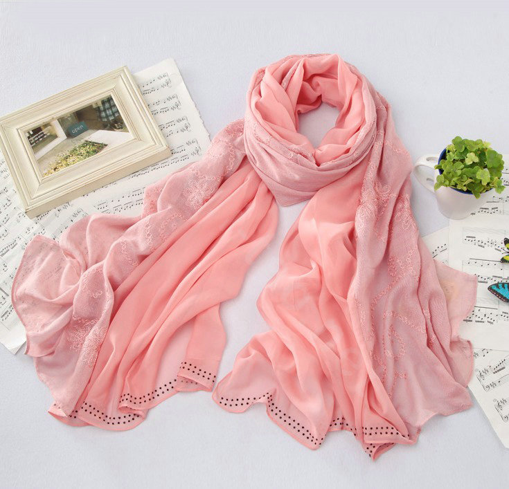 High-end fashion women big long embroidery chiffon silk scarf shawl wrap - Pink