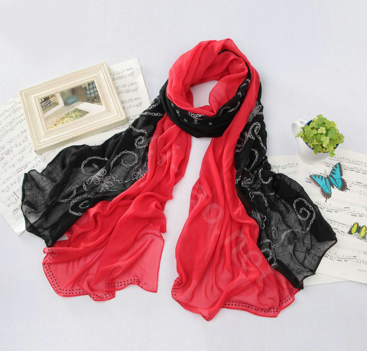 High-end fashion women big long embroidery chiffon silk scarf shawl wrap - Red black