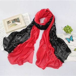 High-end fashion women big long embroidery chiffon silk scarf shawl wrap - Red black
