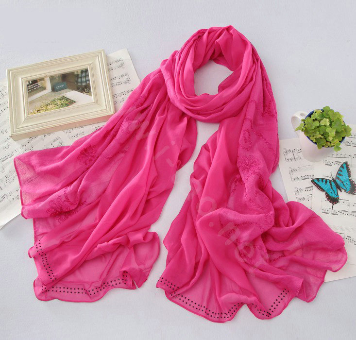 High-end fashion women big long embroidery chiffon silk scarf shawl wrap - Rose