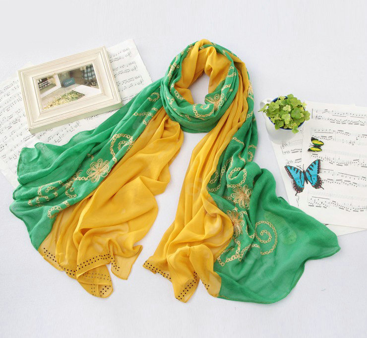 High-end fashion women big long embroidery chiffon silk scarf shawl wrap - Yellow green