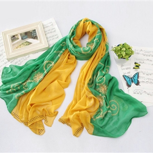 High-end fashion women big long embroidery chiffon silk scarf shawl wrap - Yellow green