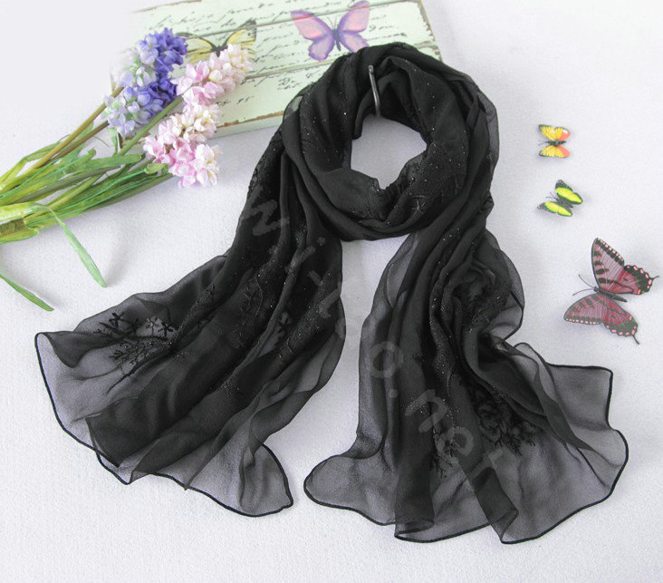 High-end fashion women long diamond embroidery mulberry silk scarf shawl wrap - Black