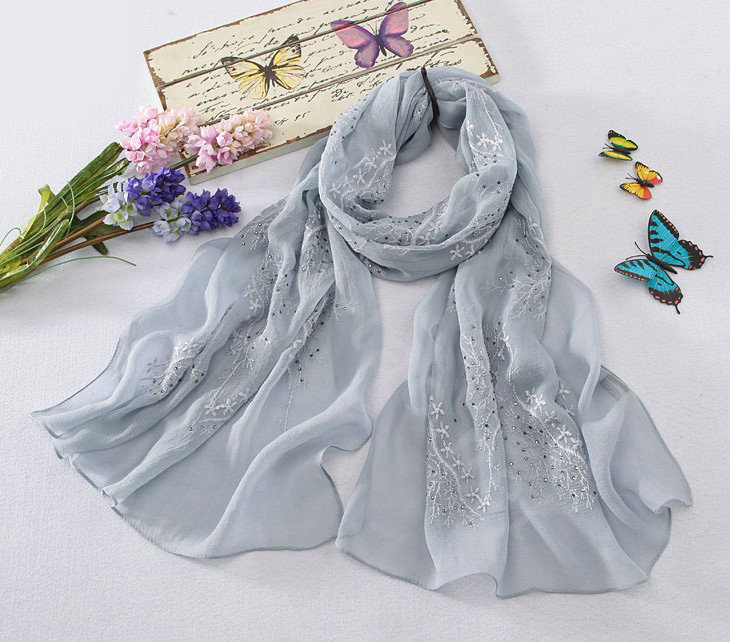 High-end fashion women long diamond embroidery mulberry silk scarf shawl wrap - Grey