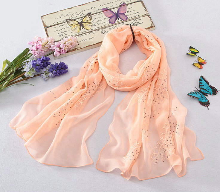 High-end fashion women long diamond embroidery mulberry silk scarf shawl wrap - Orange