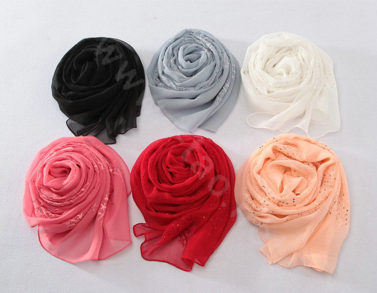 High-end fashion women long diamond embroidery mulberry silk scarf shawl wrap - Pink