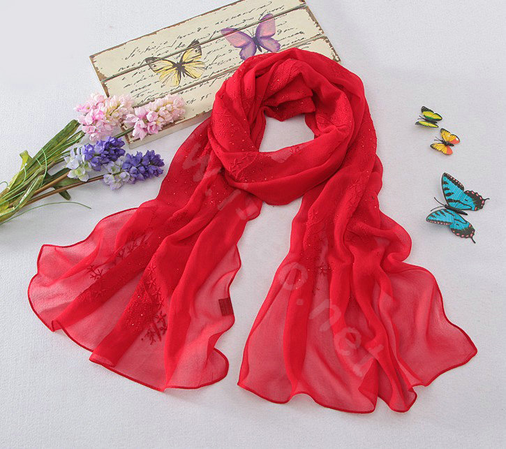 High-end fashion women long diamond embroidery mulberry silk scarf shawl wrap - Red