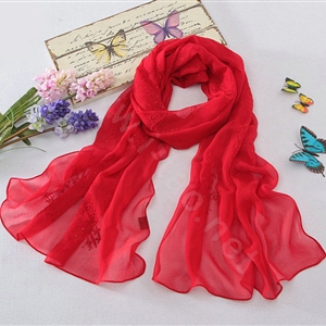 High-end fashion women long diamond embroidery mulberry silk scarf shawl wrap - Red