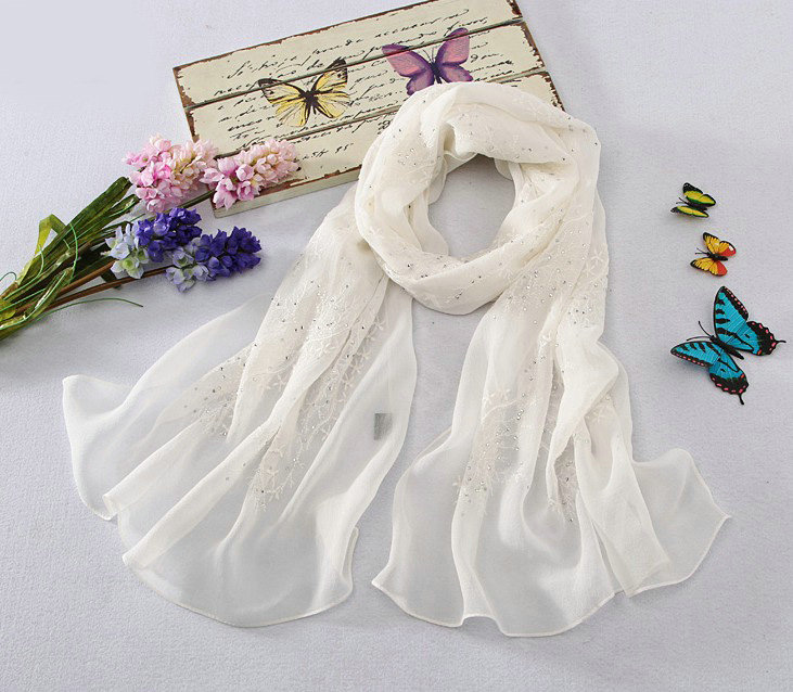 High-end fashion women long diamond embroidery mulberry silk scarf shawl wrap - White