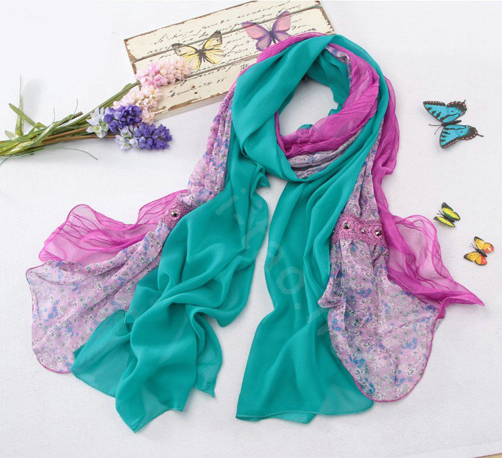 High-end fashion women long floral diamond lace chiffon silk scarf shawl wrap - Blue