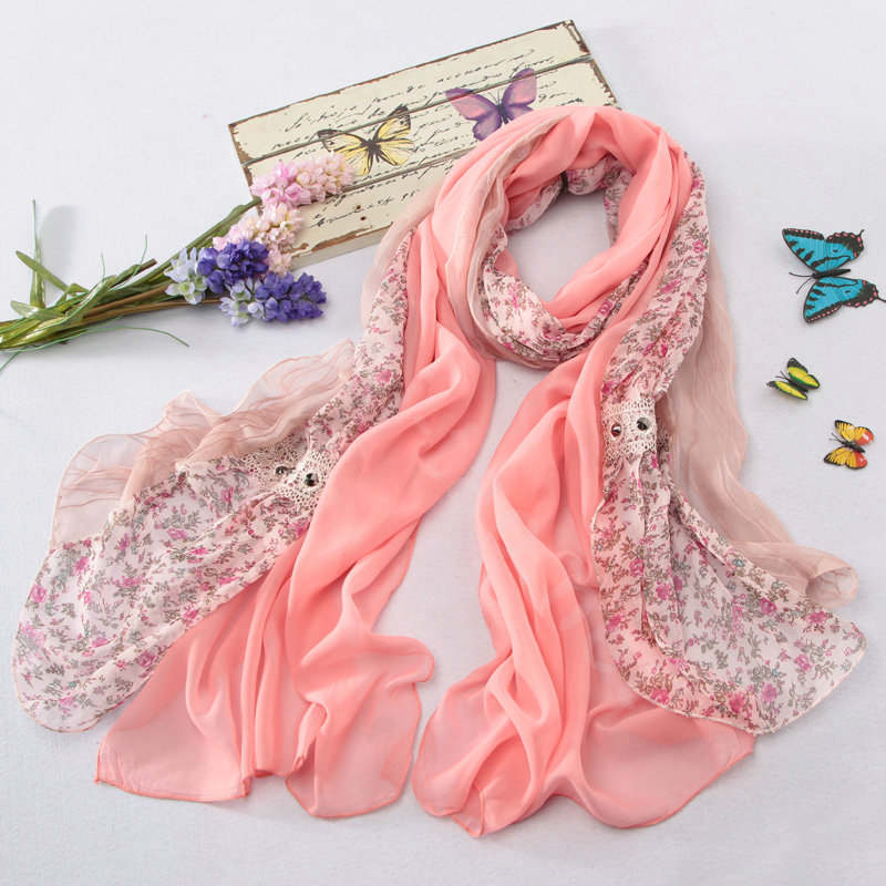 High-end fashion women long floral diamond lace chiffon silk scarf shawl wrap - Dark pink