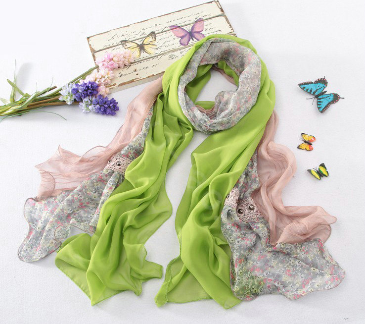 High-end fashion women long floral diamond lace chiffon silk scarf shawl wrap - Green